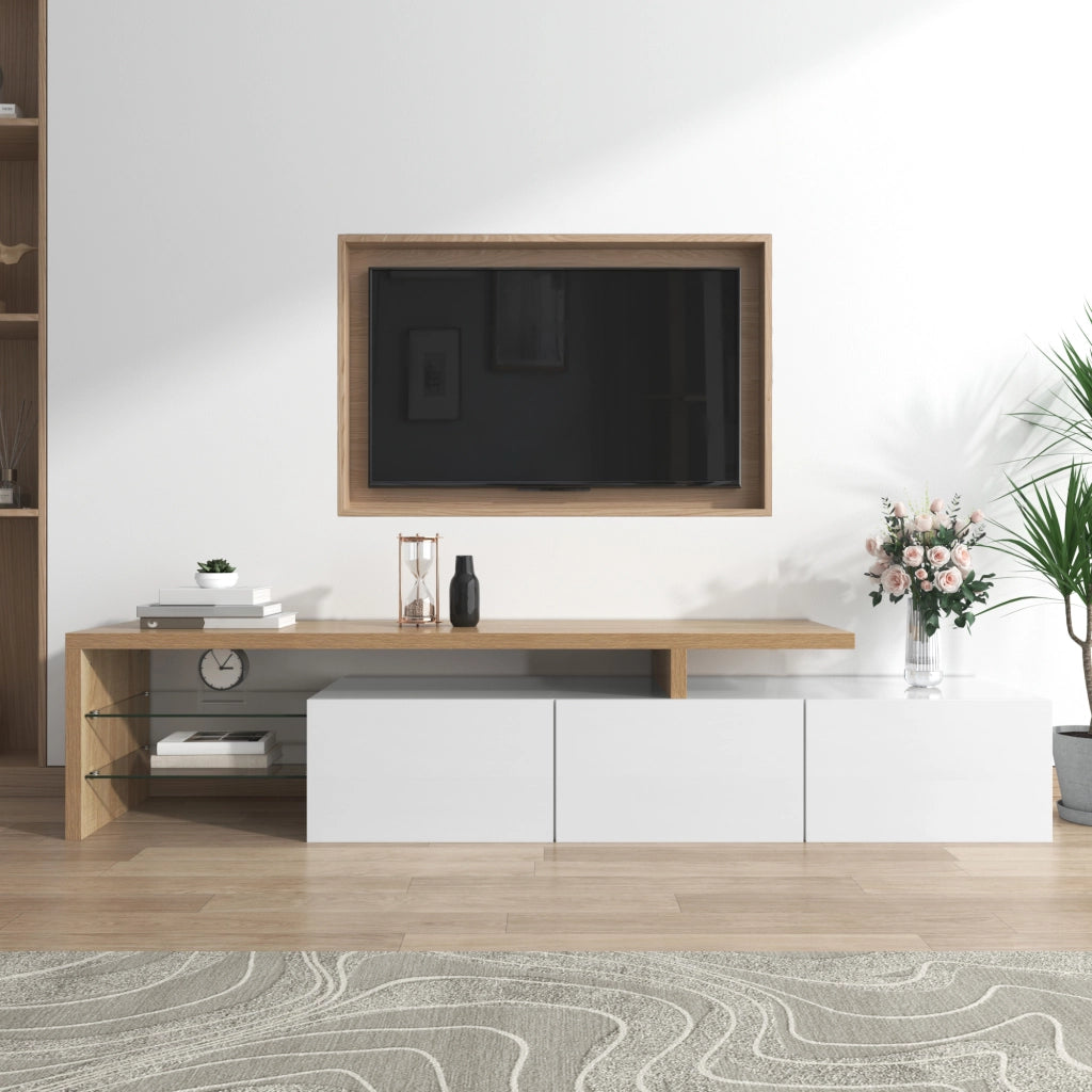 Cassettiera per TV bianco naturale in MDF e vetro; lunghezza 197.5 cm