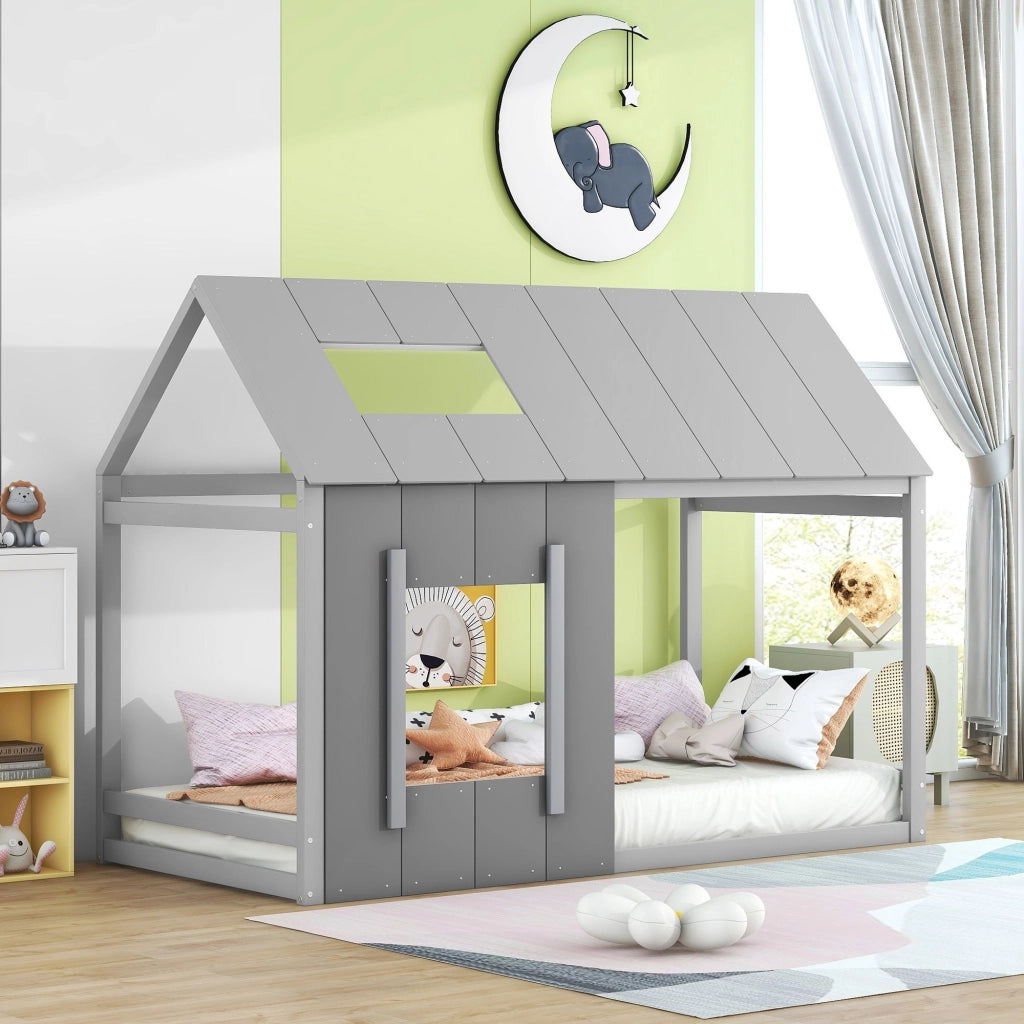OKWISH Letto a casetta 90×200 cm, Letto Singolo con Tetto, Finestra e 8 Doghe, senza Materasso, in Pino e MDF, Grigio