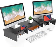 Stand per Monitor in Legno con Regolazione di Altezza e Larghezza, Supporto per Telefono, Dimensioni 79-111.3x28x10.6cm, Carico Massimo: 25kg