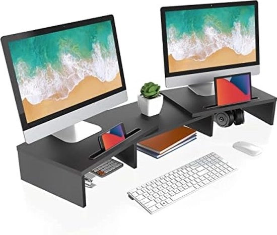 Stand per Monitor in Legno con Regolazione di Altezza e Larghezza, Supporto per Telefono, Dimensioni 79-111.3x28x10.6cm, Carico Massimo: 25kg