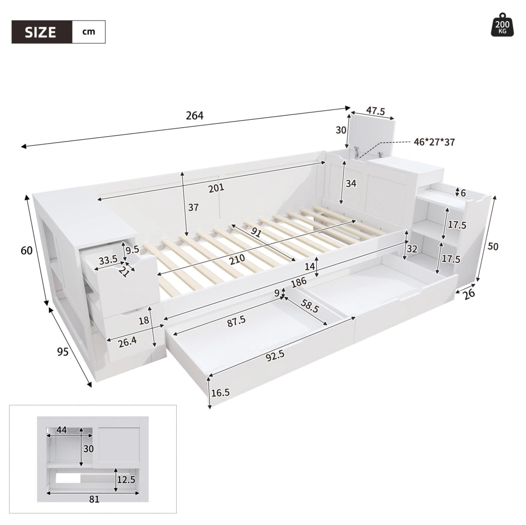 Letto per bambini 90x200 cm con cassetto; contenitore e comodino; MDF bianco