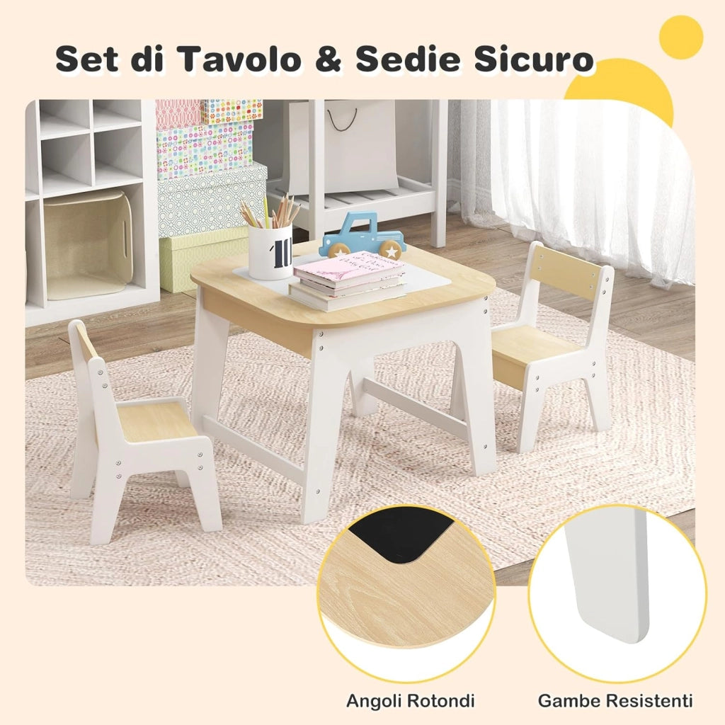 Set Tavolo e 2 Sedie per Bambini, con Lavagna Reversibile, Tavolo Multiattività con Vano Portaoggetti Nascosto e Sedie, per Bambini da 3-6 Anni, per Cameretta e Soggiorno (Naturale)