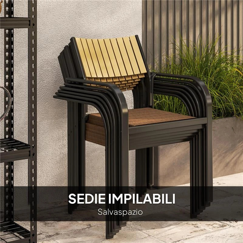 SET TAVOLO DA GIARDINO ALLUNGABILE CON 6 SEDIE DA ESTERNO IMPILABILI ACCIAIO E TEXTILENE MARRONE