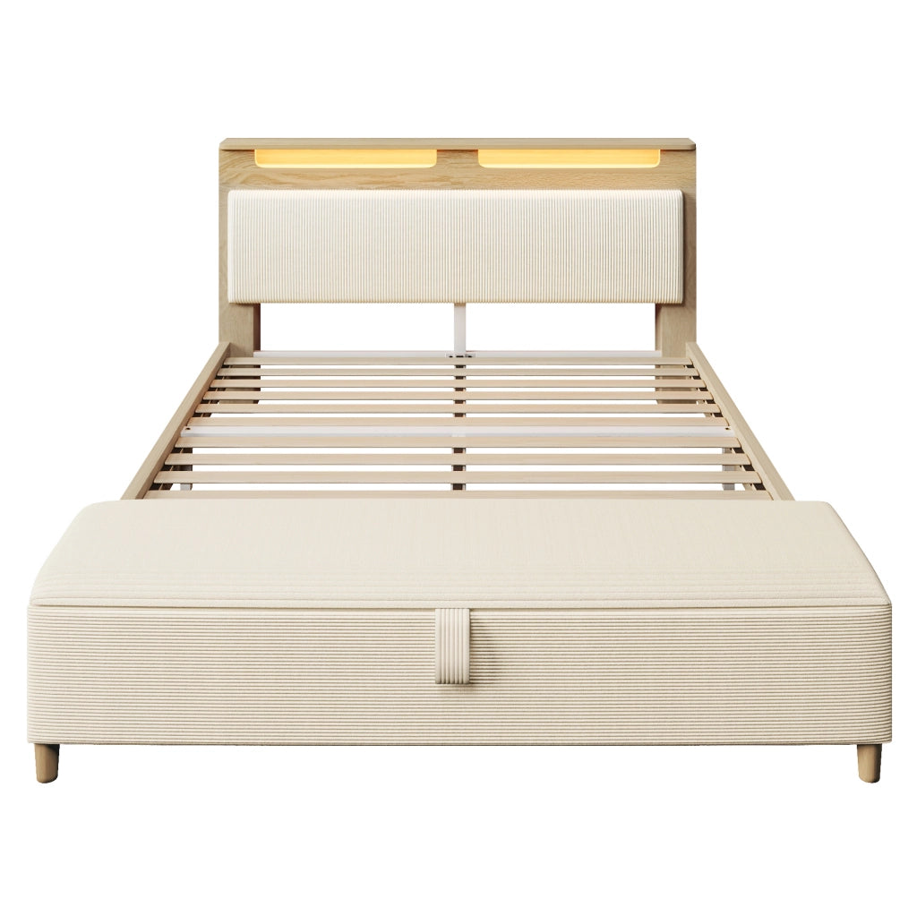 Letto matrimoniale 160x200 cm in legno e corduroy beige con contenitore; LED e panca