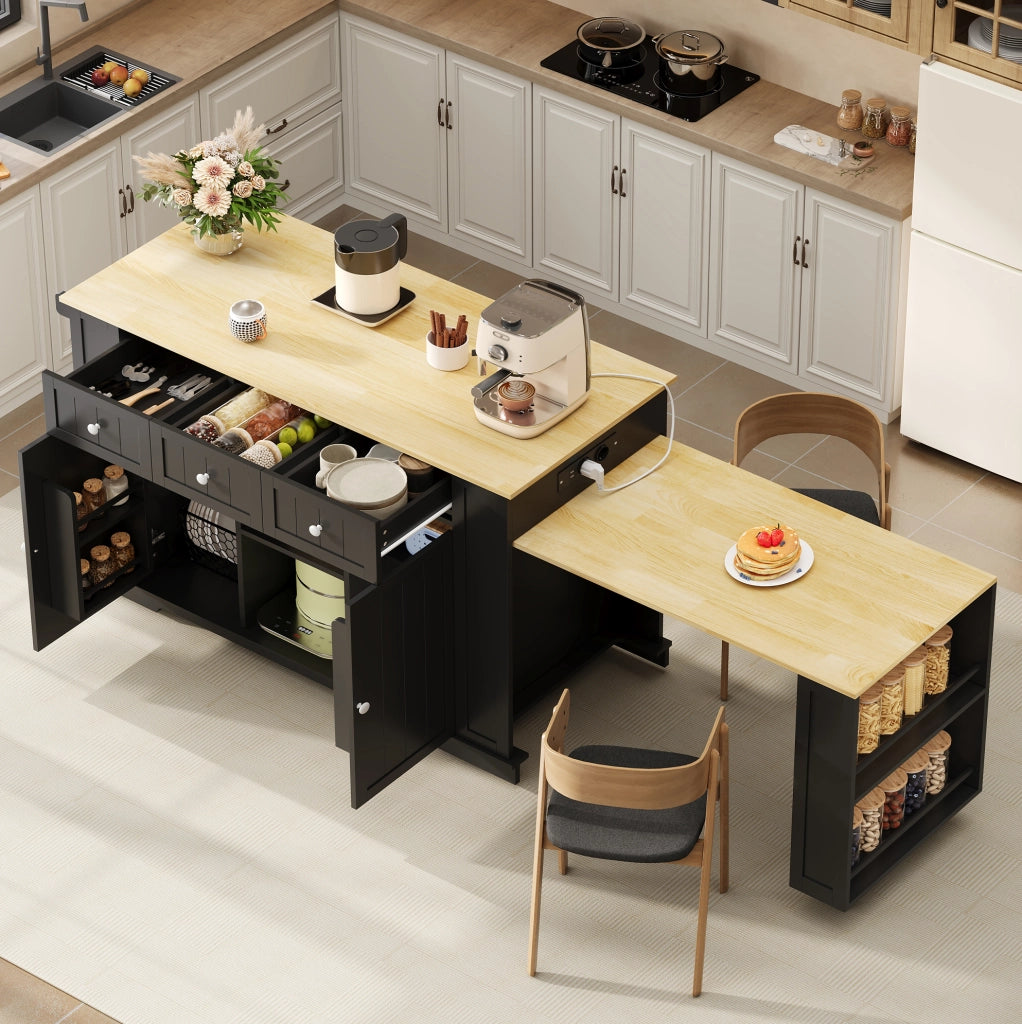 Isola da cucina mobile con tavolo estraibile; prese USB e 2 prese EU; 138(213)x55x93 cm; nero e naturale