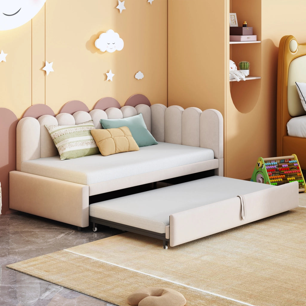 Letto estraibile 90 × 200 cm con letto supplementare, testiera e schienale imbottiti, senza materasso, beige