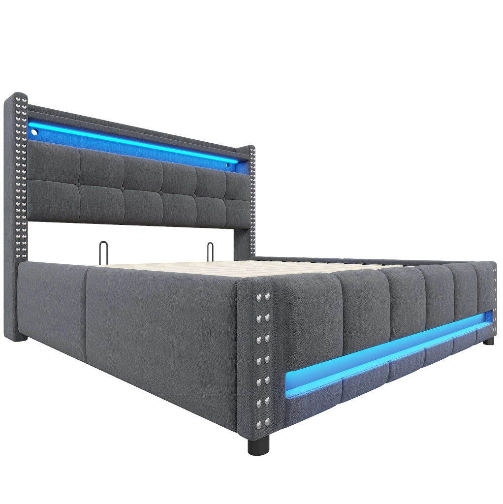 Letto imbottito 160x200 cm con LED, USB e vano contenitore