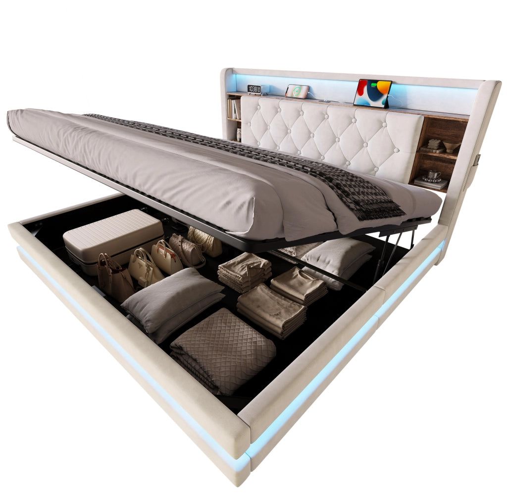 Letto imbottito beige 180x200 cm con LED, USB-C e contenitore
