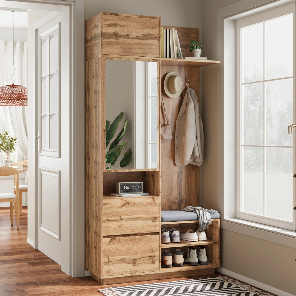 Mobile da ingresso con armadio con specchio, panca portascarpe, cassetti e ganci, in MDF naturale