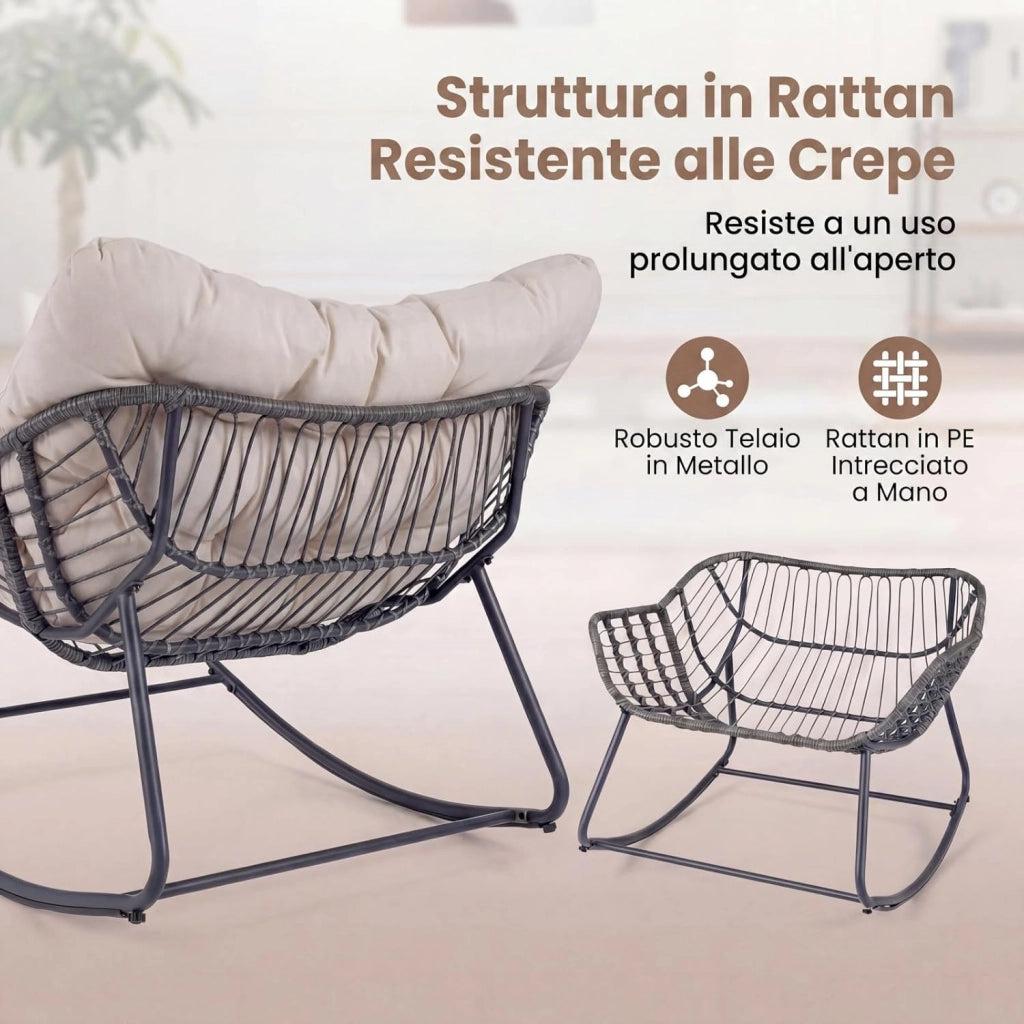 Sedia a Dondolo da Interno ed Esterno, Poltrona a Dondolo con Poggiapiedi e Cuscini Rimovibili, Poltrona Relax in Rattan con Telaio in Metallo per Soggiorno e Giardino, Portata 150 kg (Beige)
