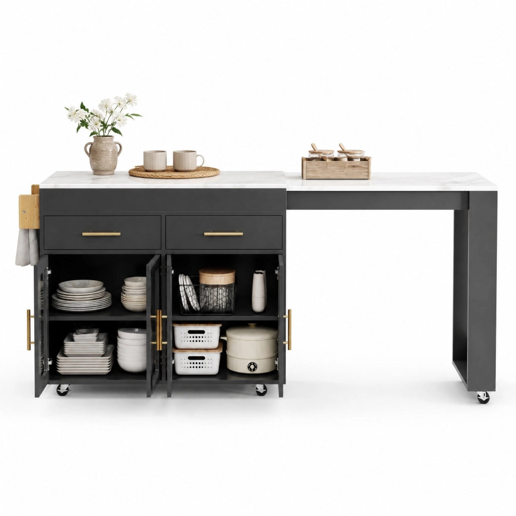Isola da cucina mobile allungabile con piano estraibile, porta con vetrine, cassetti e ruote, nero