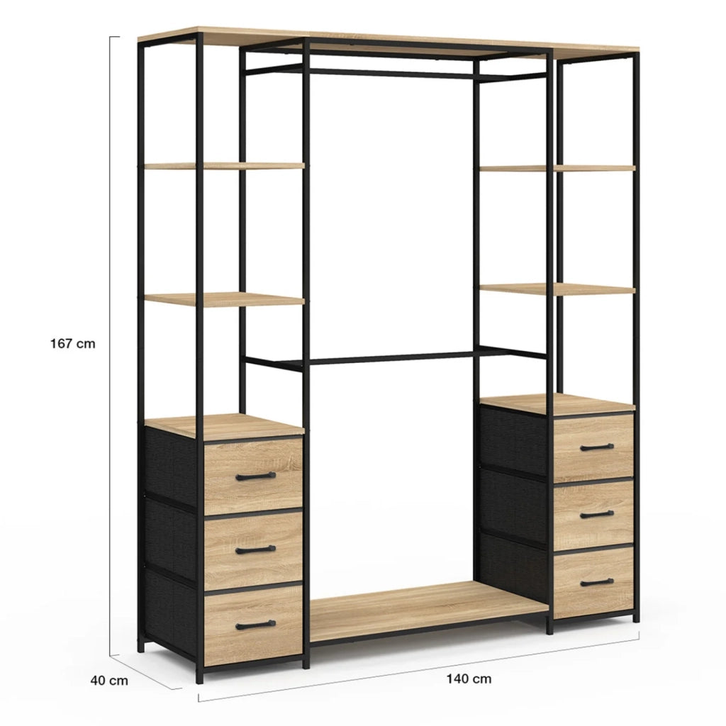 IDMarket - Armadio doppio UTAH + colonna doppia L. 140 cm con 6 ripiani e 6 cestini in legno e tessuto nero