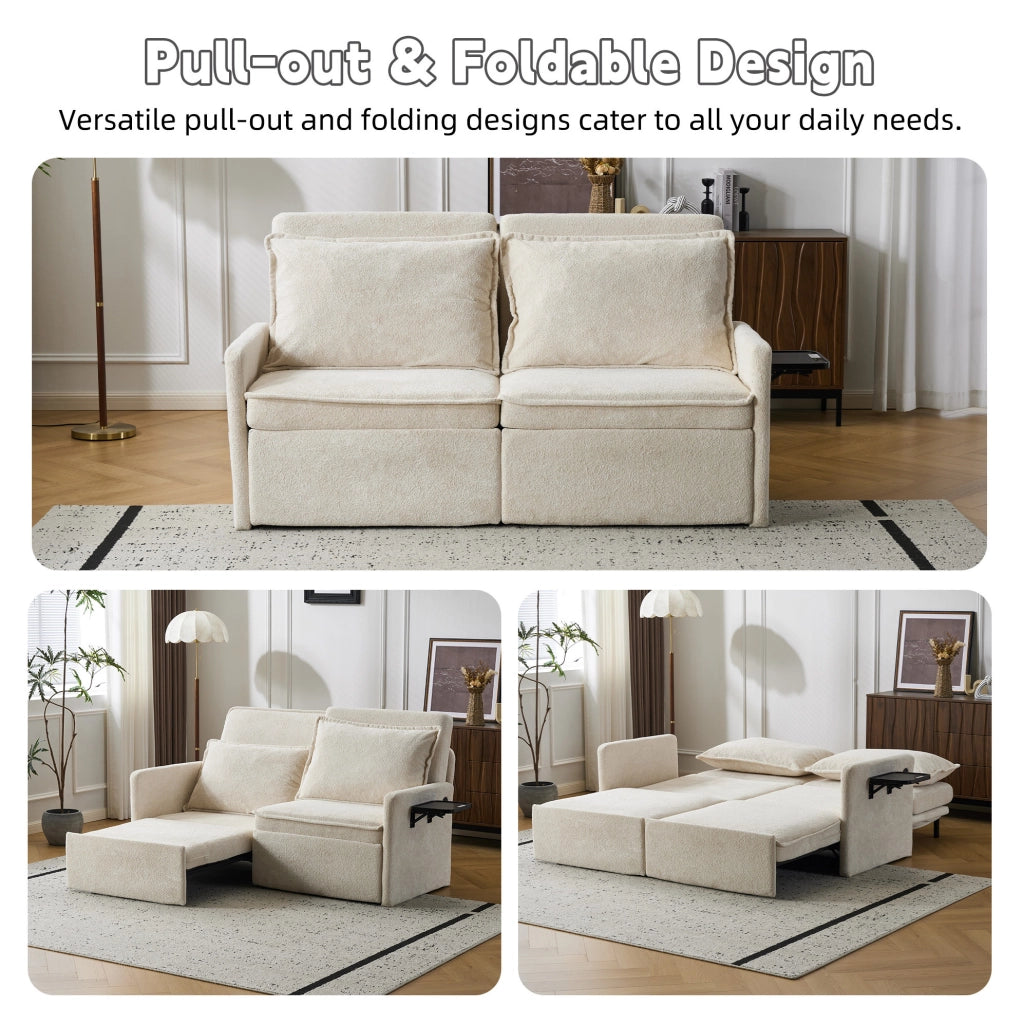 Divano letto ULEVR in ciniglia beige con schienale regolabile, tasche laterali e porta USB/Type-C