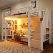 Letto a Soppalco con LED ¨C Xylo ¨C Bianco, 90x200 cm, Metallo, Scala, Senza Materasso