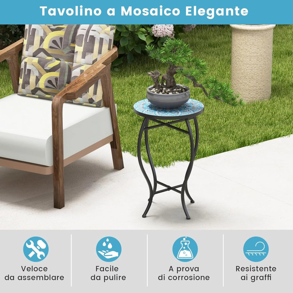 Tavolino per Esterno ed Interno, Tavolino Rotondo con Piano in Piastrelle di Ceramica e Gambe di Metallo, Tavolino Porta Piante da Balcone, Giardino e Salotto