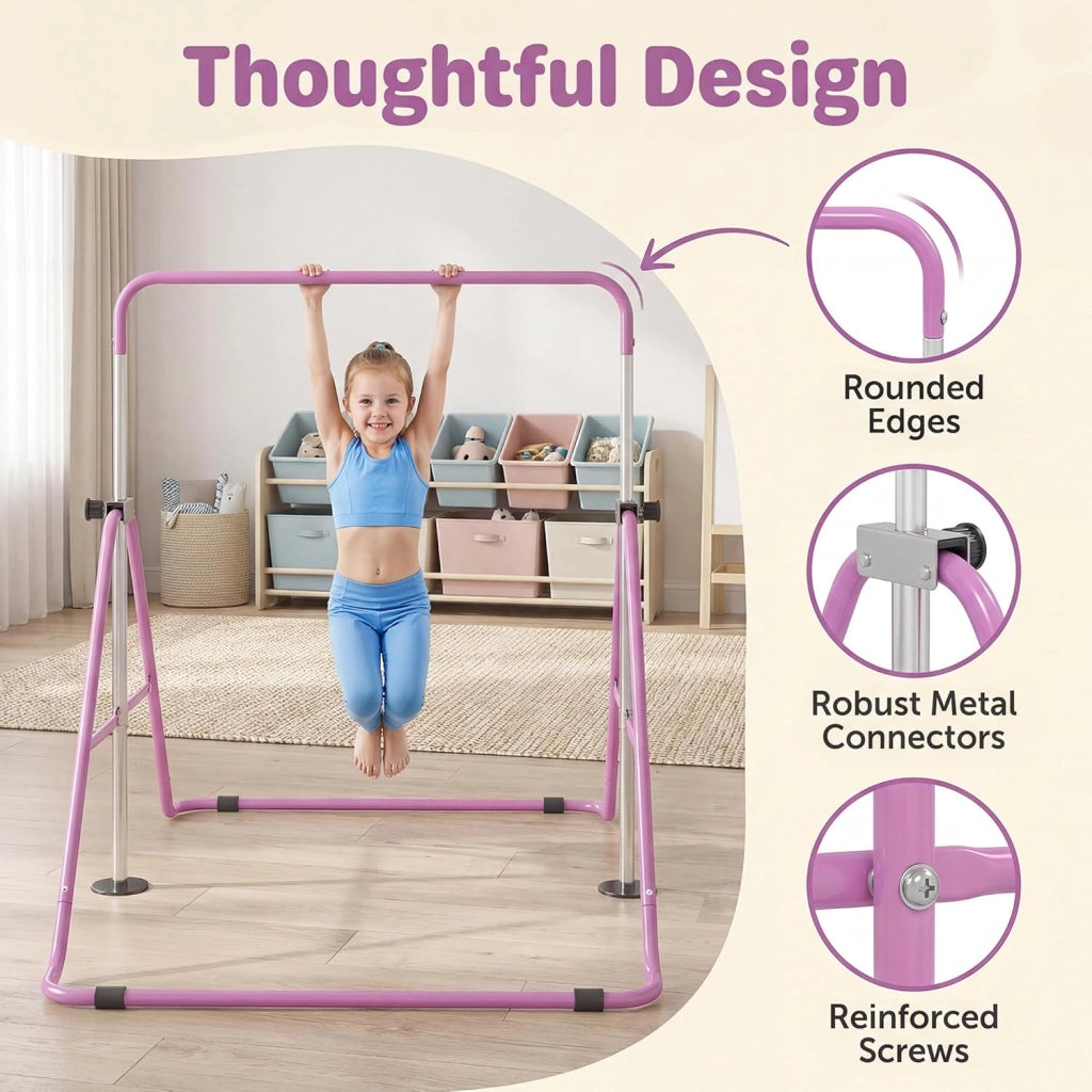 KOMFOTTEU Barra da ginnastica pieghevole per bambini, barra orizzontale con altezza regolabile in 5 livelli da 90 a 130 cm, carico di 70 kg, attrezzatura portatile per allenamento per interni esterni