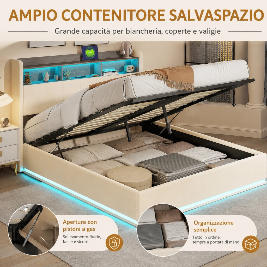 Letto matrimoniale contenitore idraulico 160x200 cm, rivestimento velluto beige, testiera con vani, LED RGB, porte USB‑A e USB‑C, capacità 350kg