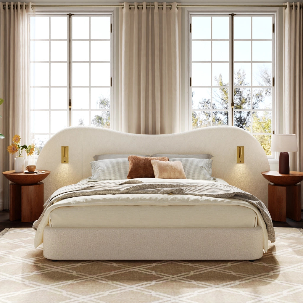 Letto imbottito con contenitore idraulico, USB e lampada, 180x200 cm, bianco bouclé