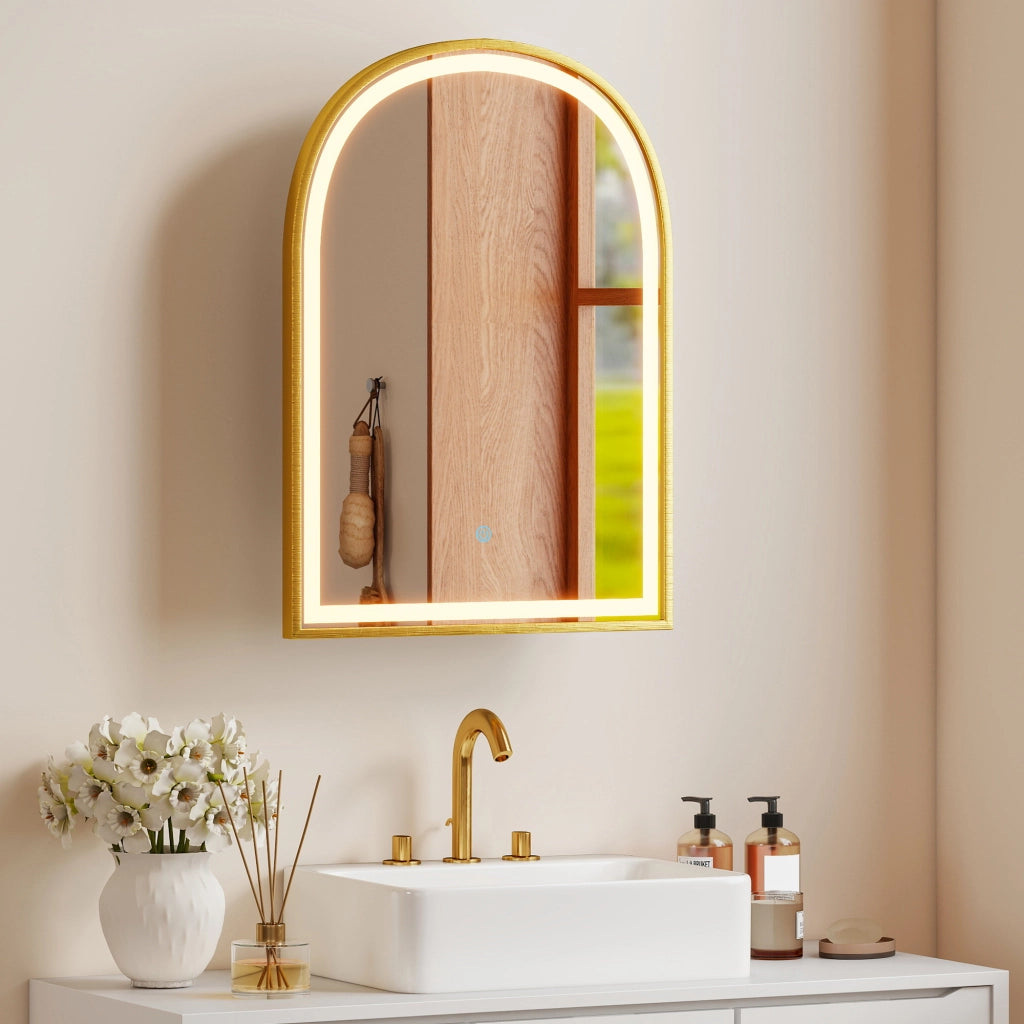 Armadietto da bagno con specchio e luce LED, porta ad arco, anti-appannamento ¨C Zephmum ¨C Dorato 50x14.5x70 cm