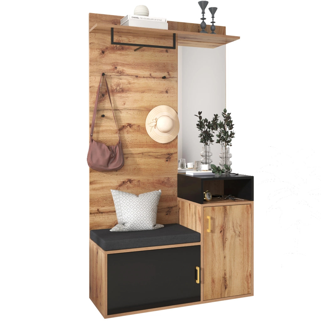 Mobile da Ingresso con 2 Scomparti per Scarpe; 2 Vani; Specchio e 4 Ganci; in MDF; 105×40×191;5 cm; Nero