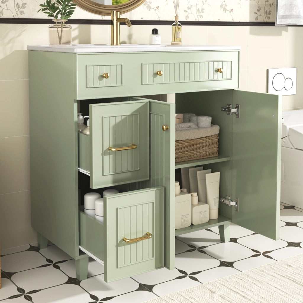 Mobile sottolavabo con lavabo in ceramica; 2 cassetti e 1 anta; spazio pratico per bagno; verde