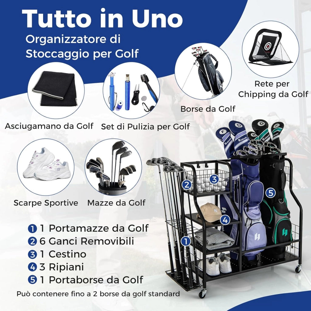 Organizer per Sacca da Golf, Supporto per 2 Borse da Golf con Extra Scaffale di Stoccaggio per Mazze da Golf, 6 Ganci Rimovibili e 4 Ruote per Garage e Club