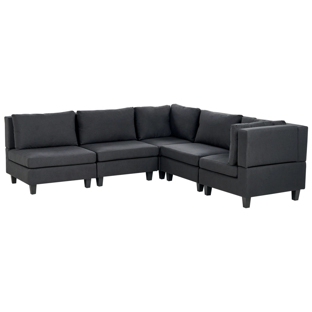 Divano componibile a 5 posti imbottito in tessuto nero gambe nere lato sinistro stile moderno