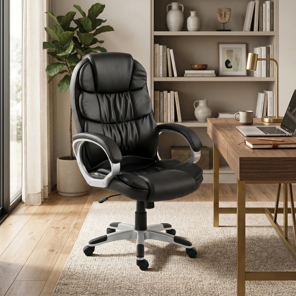 Sedia Ufficio Ergonomica Girevole in Pelle ¨C Zephmum ¨C Nero, Altezza Regolabile