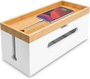 Box di gestione cavi in bambù sostenibile per nascondere i cavi - box di gestione cavi bianca con scatola di prese - box organizzatore cavi con coperchio a pop-up