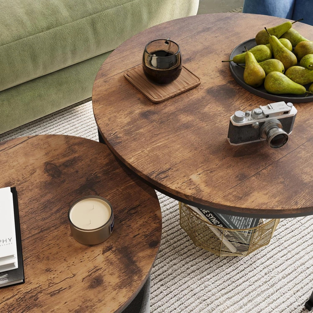 Set di 2 Tavolini da Caffè Industriali con Borsa Portaoggetti
