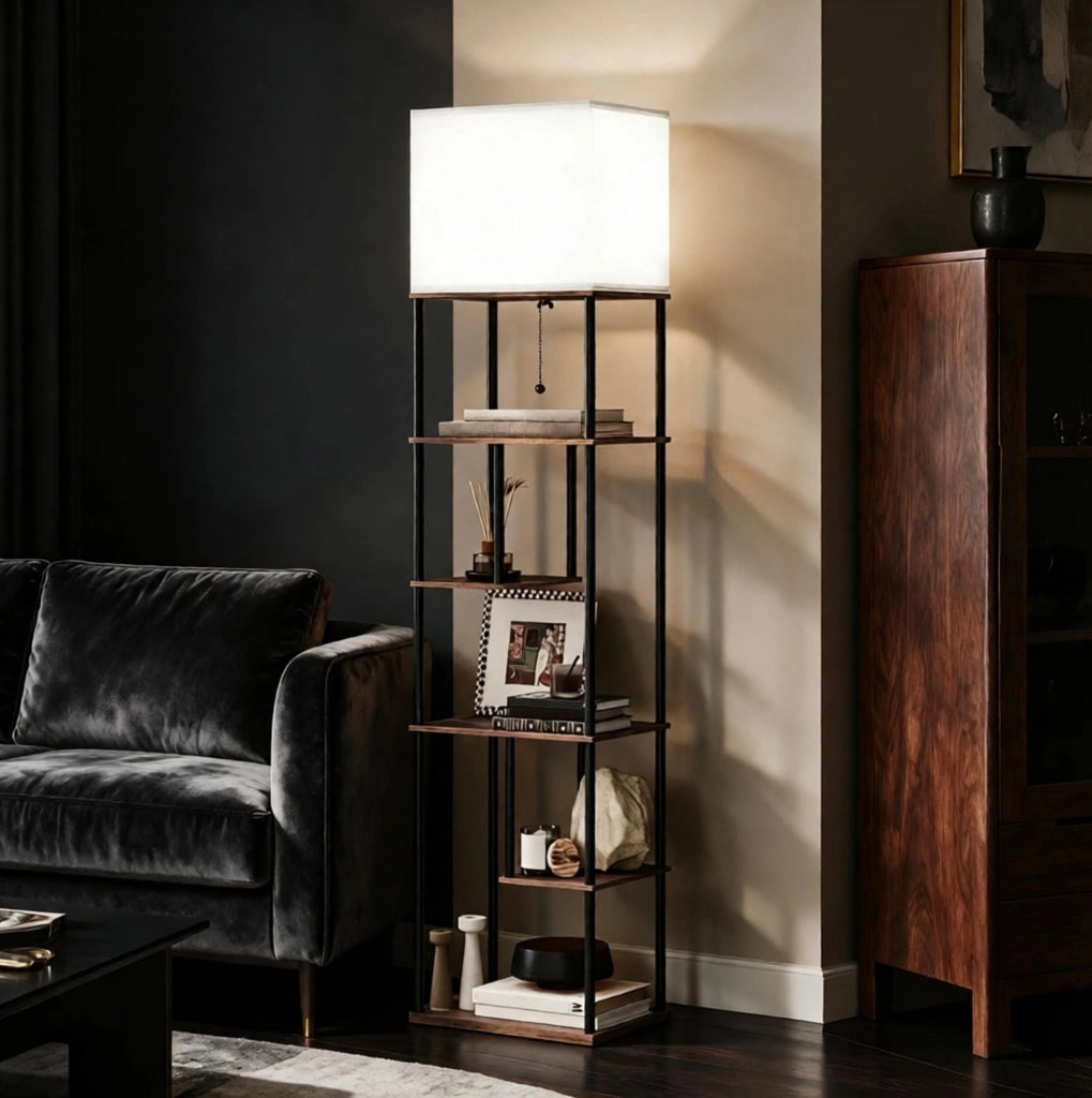Lampada da terra dimmerabile con 5 ripiani; telecomando; MDF e metallo; beige e nero