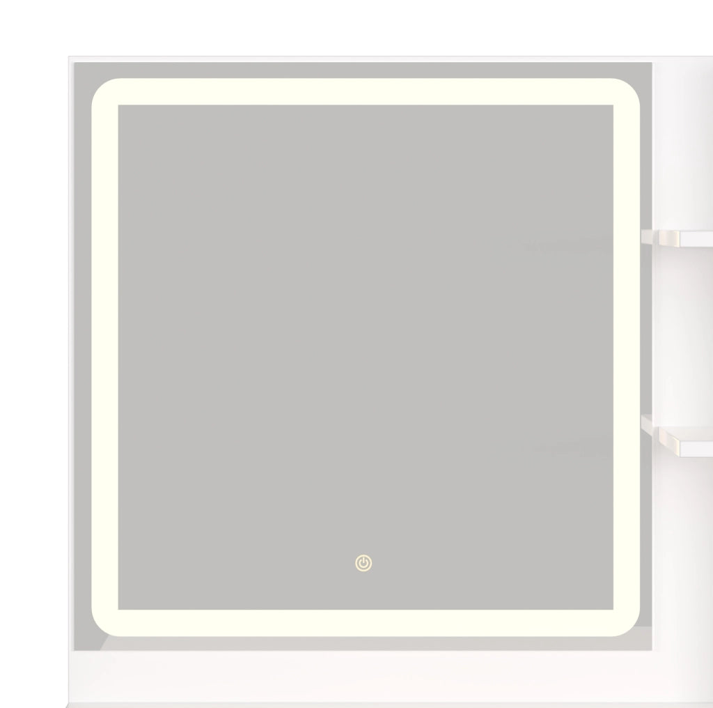 Tavolo da toeletta 131.5x40x140 cm con specchio LED; 8 cassetti e hocker; MDF e vetro; bianco