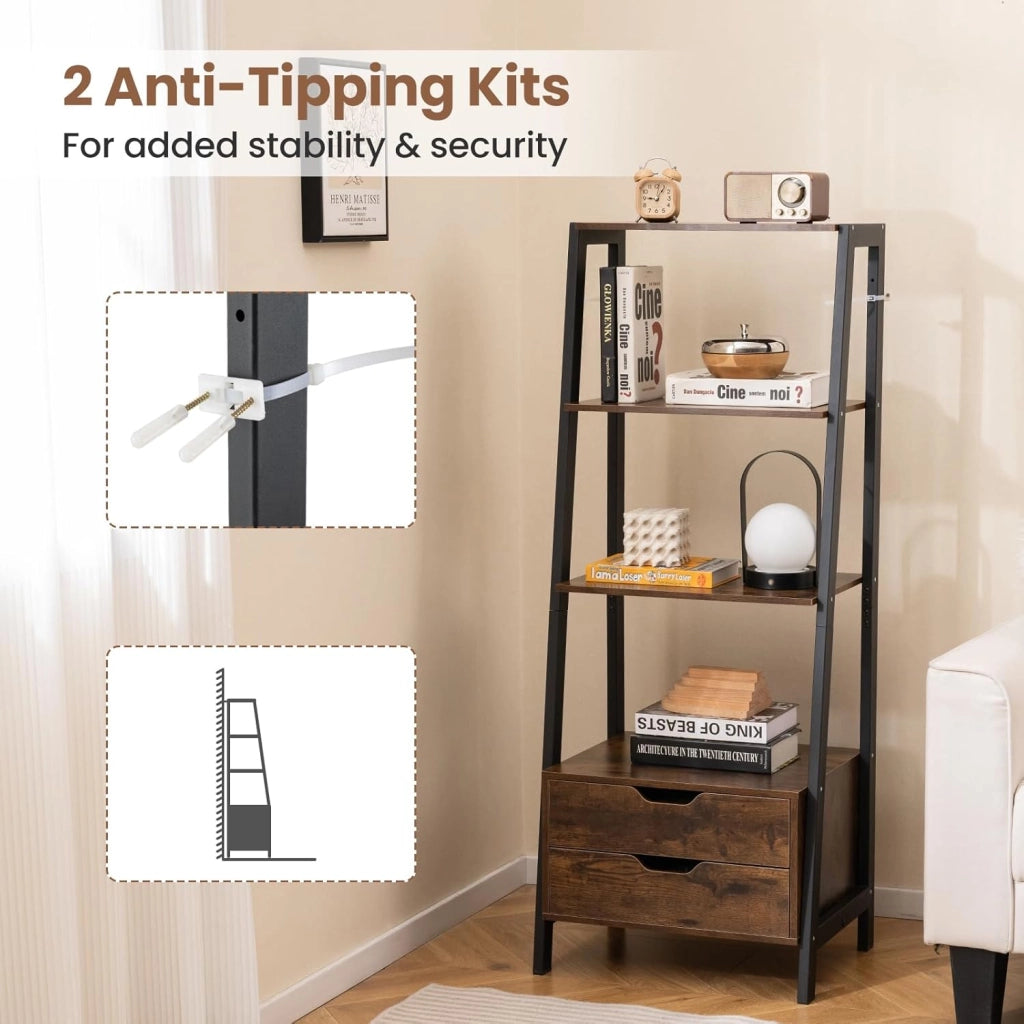 Scaffale a Scala, Ripiano di Stoccaggio Alto 134 cm con 4 Ripiani Aperti e 2 Cassetti, Scaffale Moderno con Struttura in Metallo, Scaffale per Soggiorno, Cucina, Sala da Pranzo (Marrone)