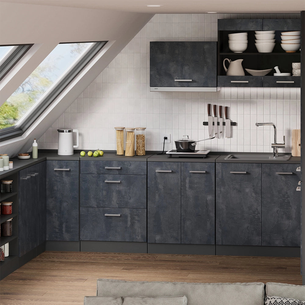 Mobile cucina sottotetto R-Line Calce nera/Antracite 80 cm senza inclinazione con 2 ante Vicco