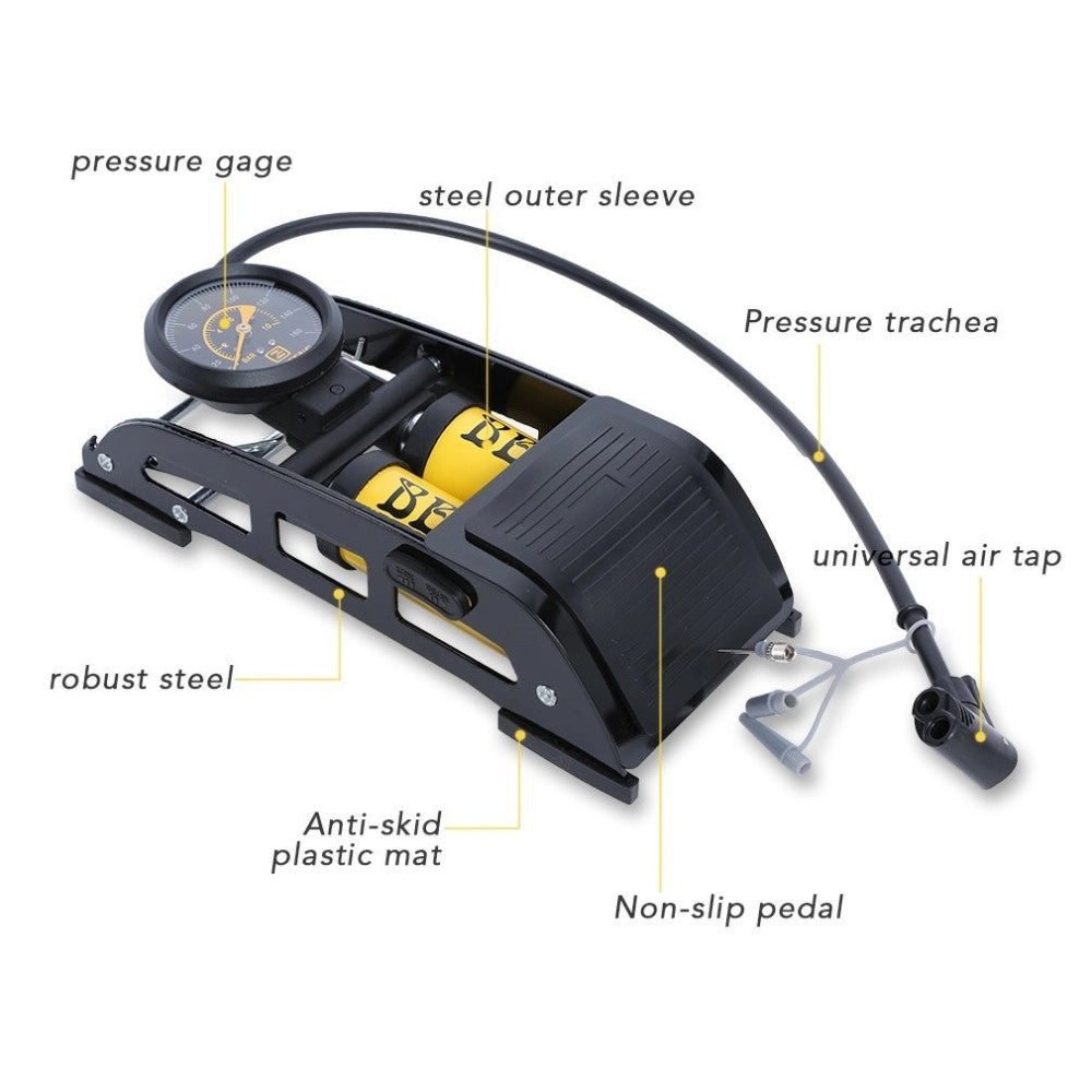 Trade Shop - Gonfiatore Pompa A Pedale Manometro A 2 Cilindri Bici Auto Moto 10 Bar 160 Psi -