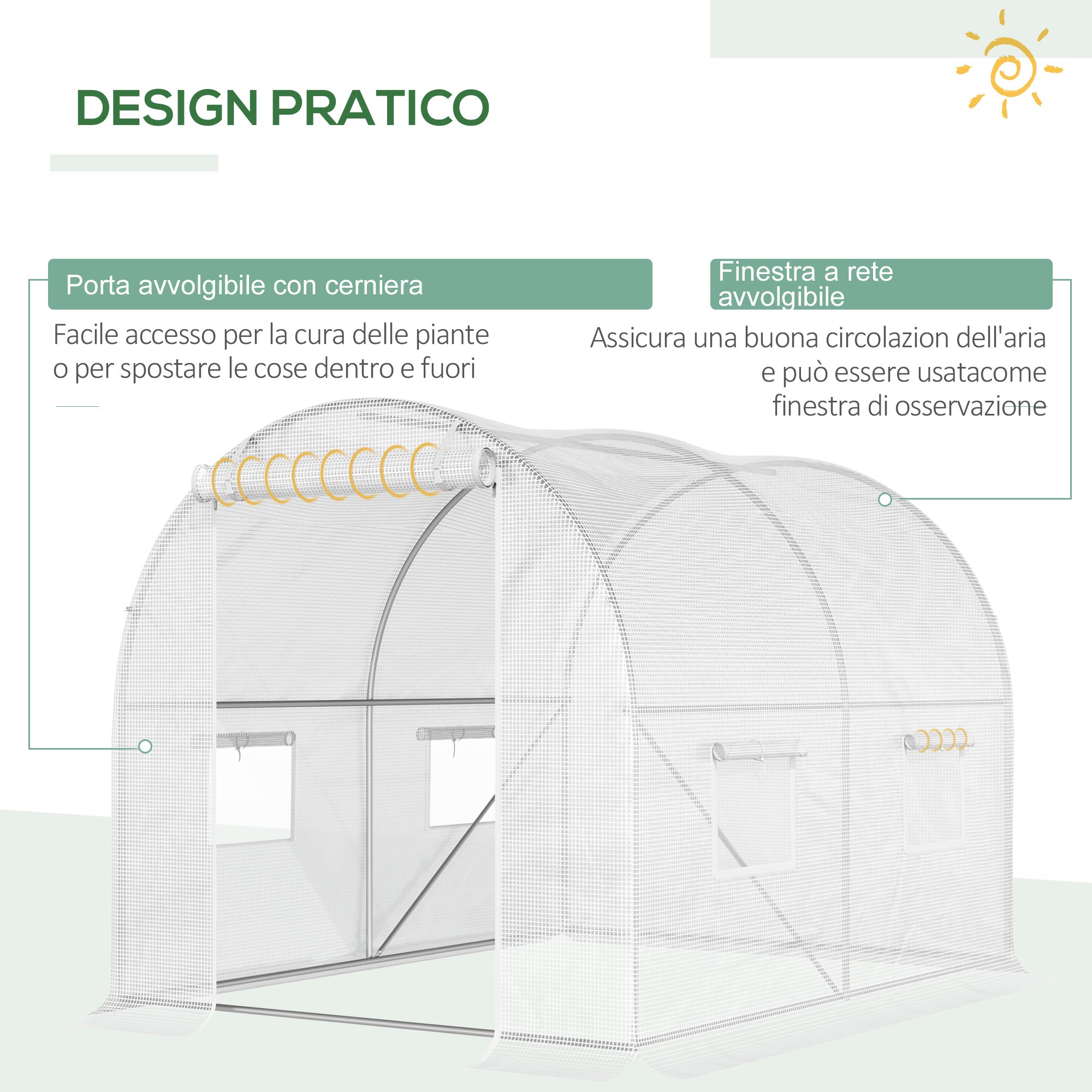Serra a Tunnel 300x200x190 cm con 4 Finestrelle e Ingresso a Zip Acciaio Zincato e PE Bianco