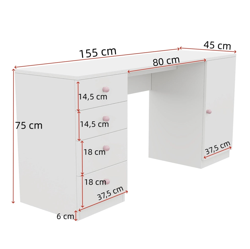 Scrivania per bambini con 4 cassetti e mobiletto, MDF bianco HAVRYA