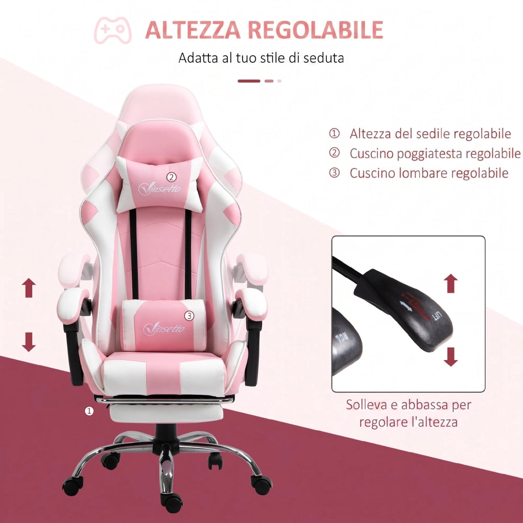 Sedia Gaming Ergonomica Reclinabile con Poggiatesta, Cuscino Lombare, Altezza Regolabile, Rosa e Bianco