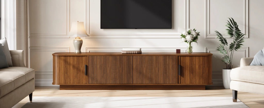 Mobile porta TV con LED, 2 cassetti e 2 ante scorrevoli, per soggiorno, in MDF e truciolare, noce, 180 × 40 × 40 cm