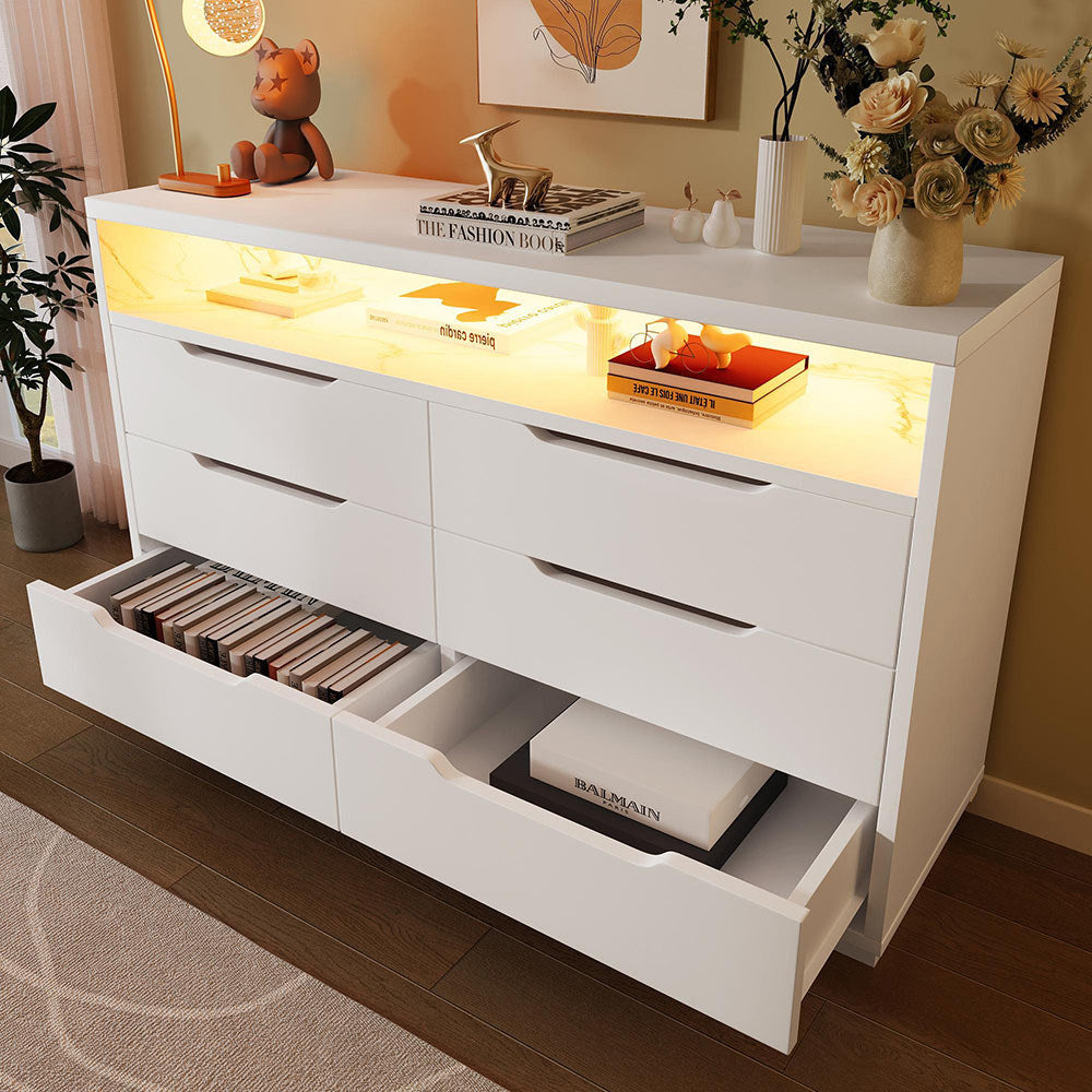Buffet con LED - Xylo - 120??40??85 cm - 6 Cassetti Effetto Marmo Bianco