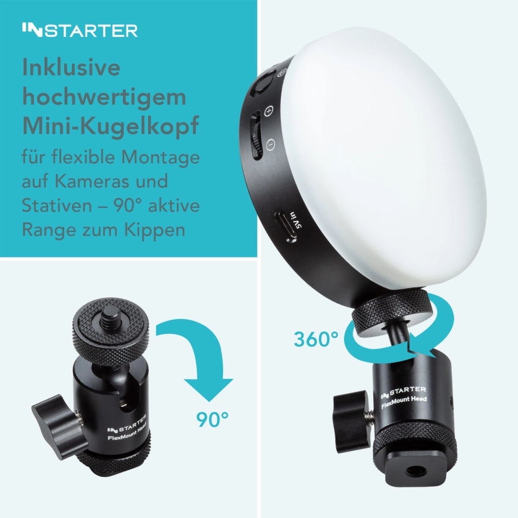 Instarter Mini LED RGB con testa a sfera, Luce per smartphone, fotocamera, fotografia, videochiamate, streaming, Batteria da 2500mAh