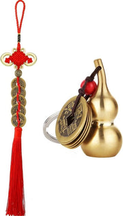 Feng Shui Poppettoni per Salute e Ricchezza - 2 pezzi - Poppettoni di Fortuna con Monete Cinesi e Wu Lou in Bronzo - Portafortuna con Filo Rosso - 2025 Fortuna, Ricchezza, Successo - Per Amici e Familiari