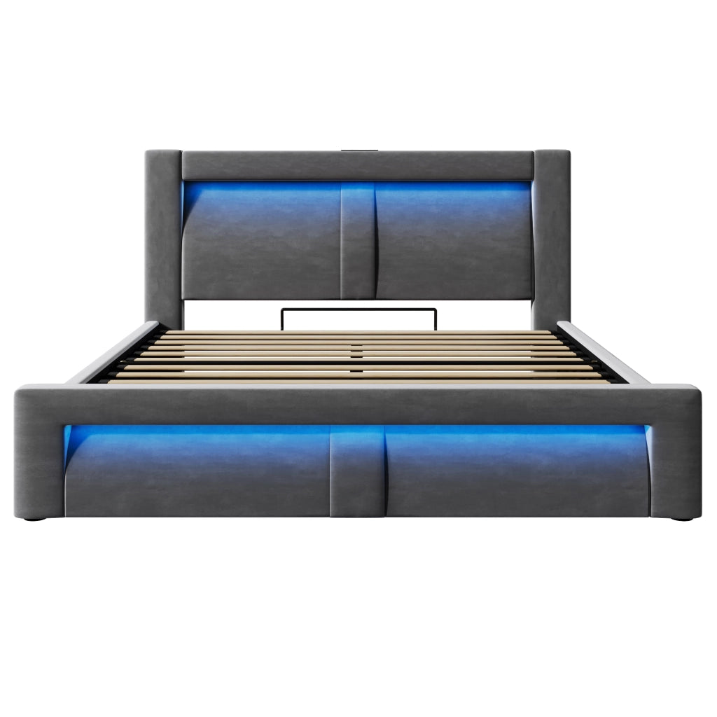 Letti contenitori 160x200 cm con contenitore; LED e ricarica USB; velluto; grigio (Senza materasso)