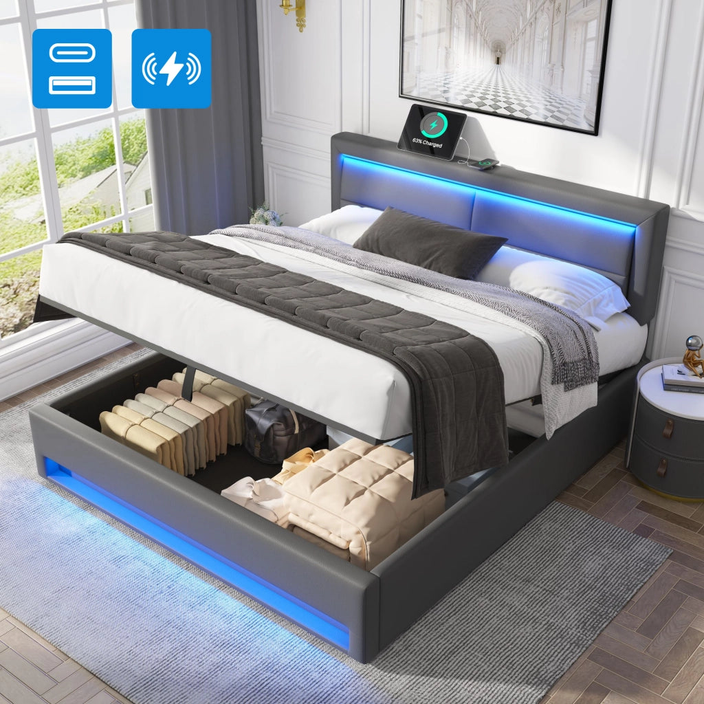 Letto imbottito 160 x 200 cm in PU grigio con USB, illuminazione LED e vano contenitore, senza materasso