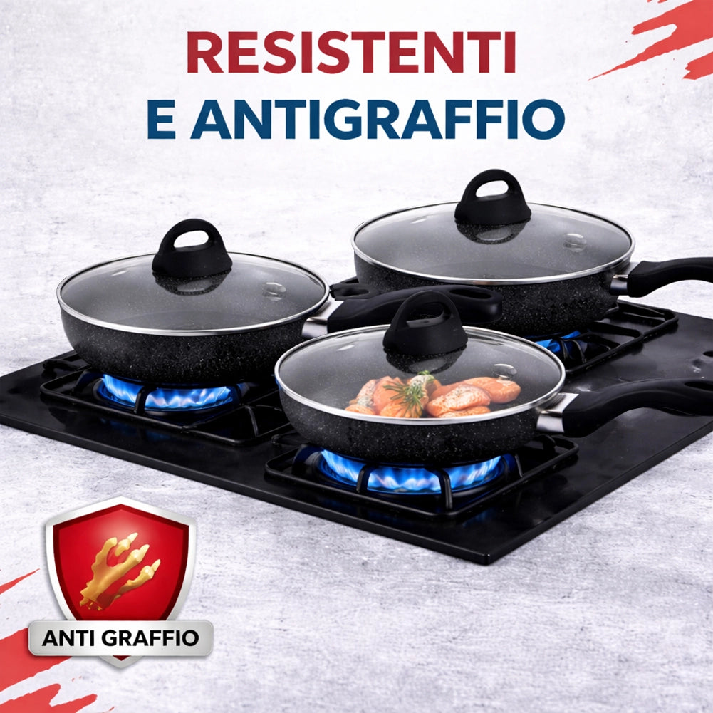 Set 6 Pezzi Padelle in Alluminio Nero con Coperchio per Tutti i Piani Cottura