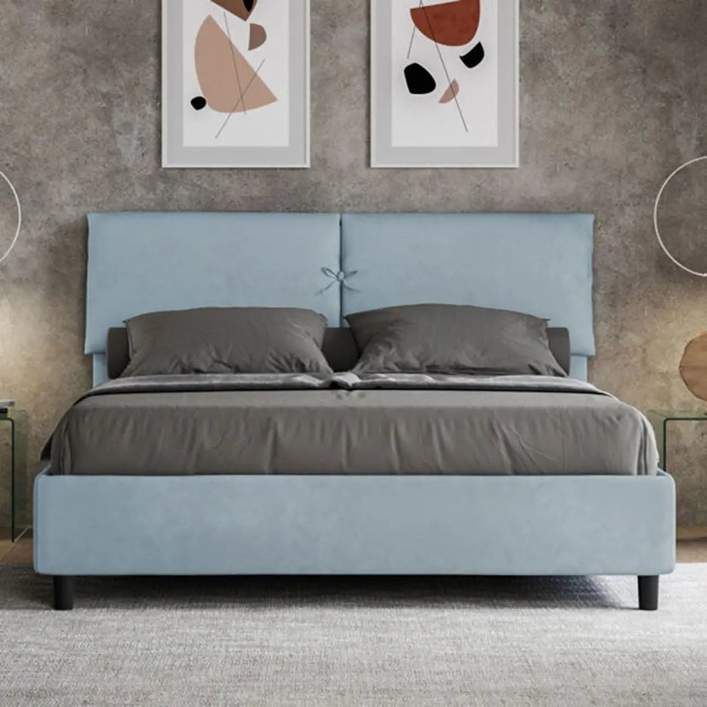 Letto matrimoniale con rete imbottito 160x210 microfibra azzurro Mados