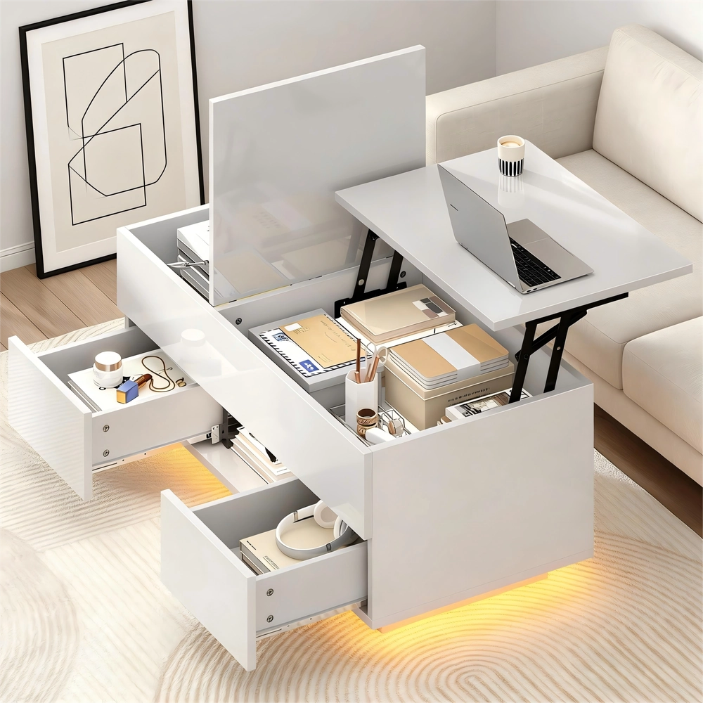 Tavolino da Caff¨¨ Sollevabile con LED e Cassetti ¨C MINIMAL ¨C Bianco, Truciolato, 100x50x43