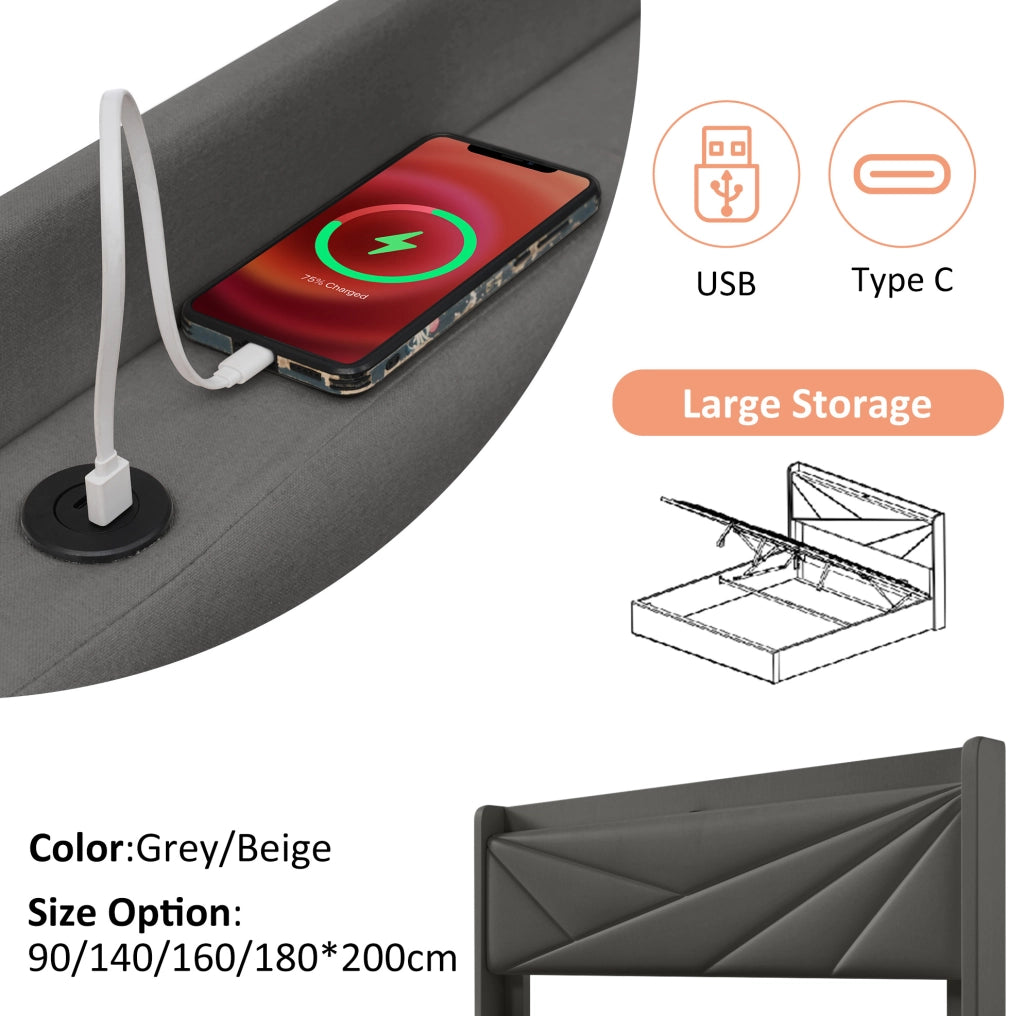 Letto matrimoniale contenitore 140x200 cm in cotone e lino grigio con USB e Type-C