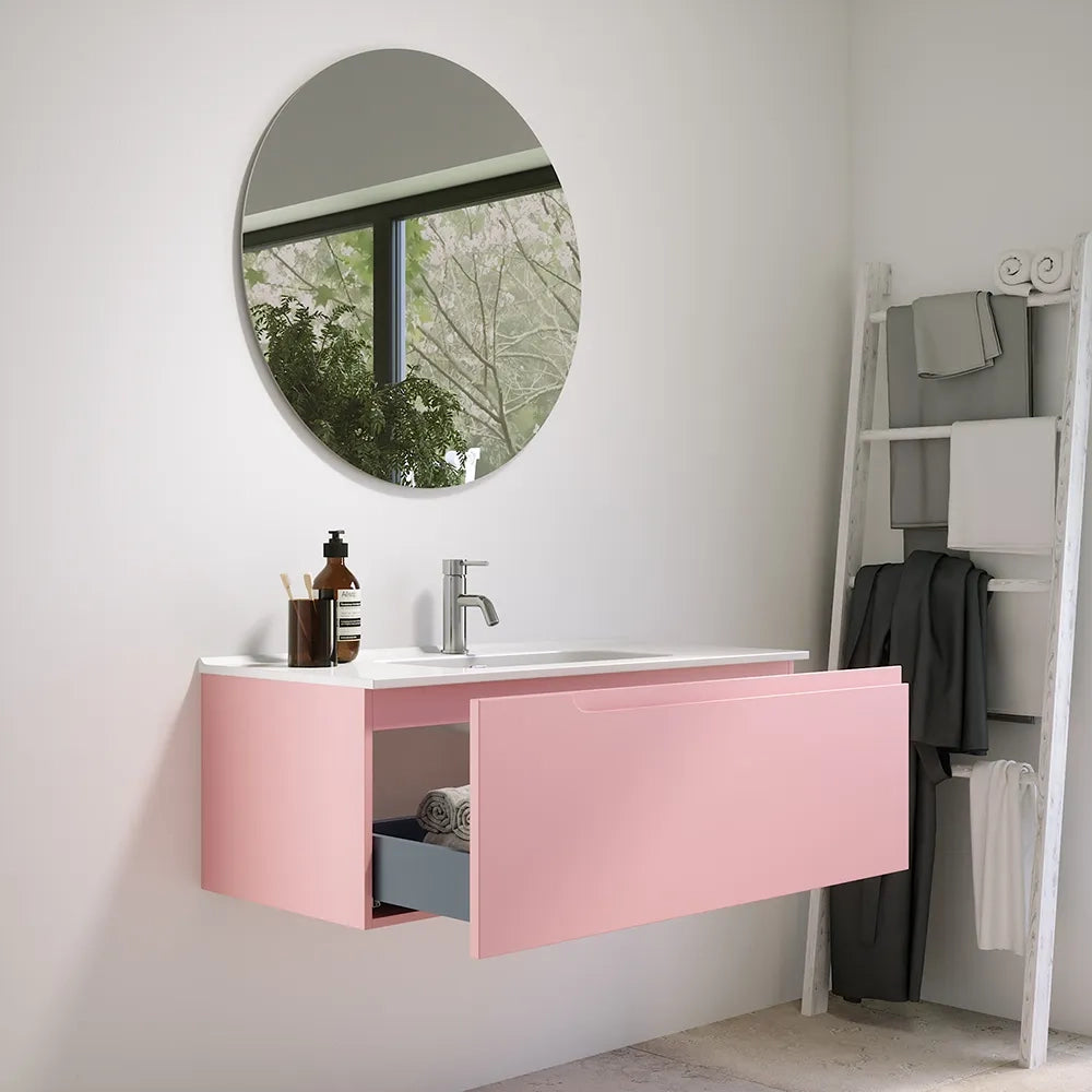 Mobile bagno sospeso 90 cm un cassetto rosa cipria opaco con lavabo | Ardenne