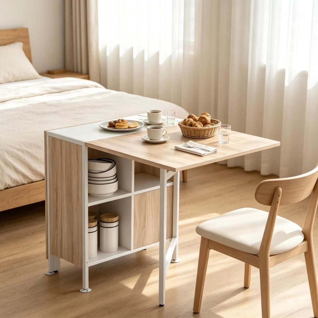 Tavolo da cucina pieghevole in MDF bianco e rovere chiaro